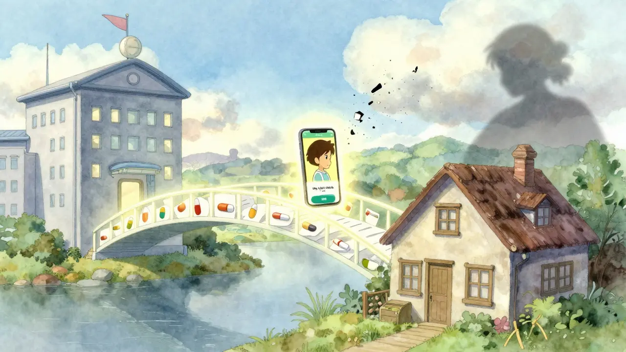 A magical bridge connects hospital and home, with a trusted app glowing brightly while an unverified app fades away.