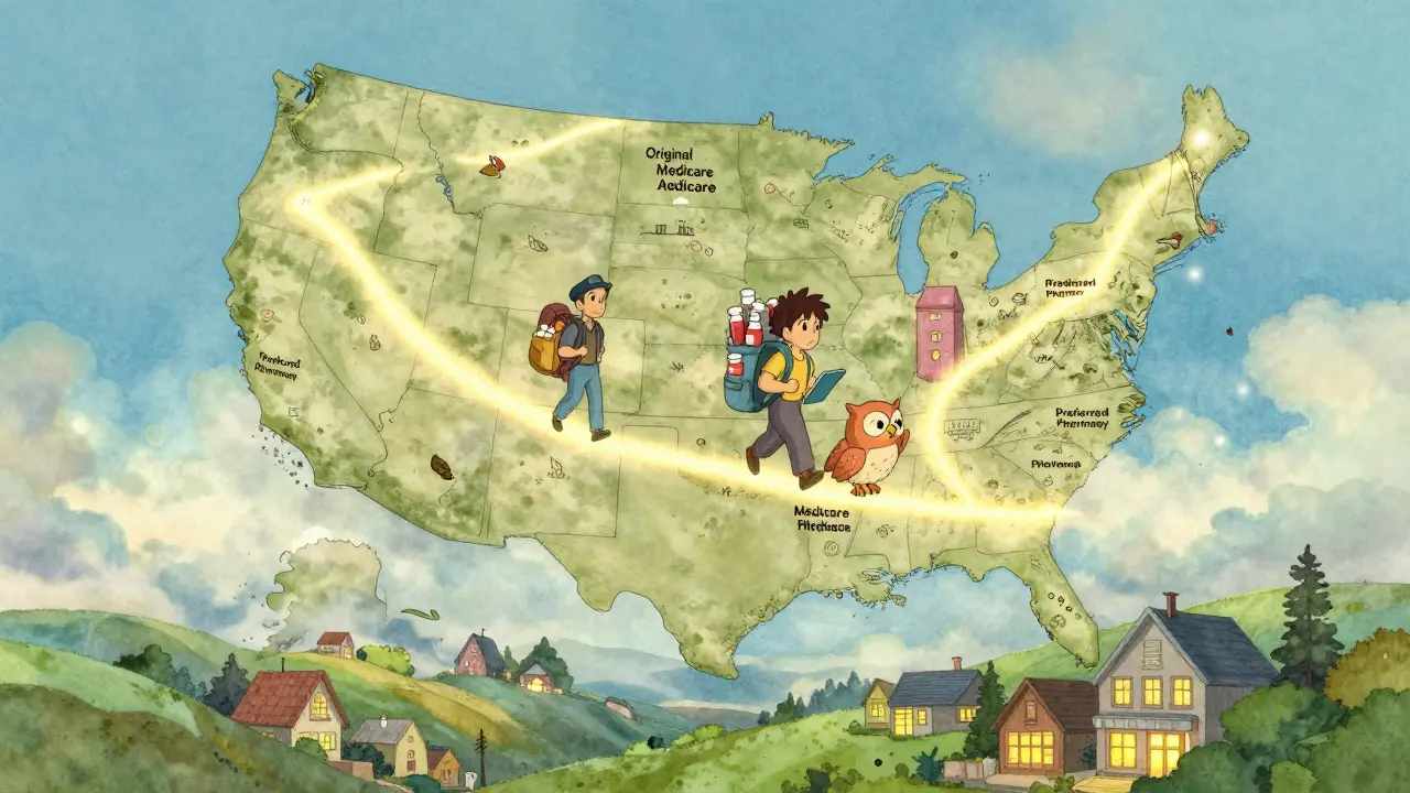 A magical map of the U.S. with animated figures traveling to different Medicare plan homes, surrounded by floating pharmacies and glowing paths.