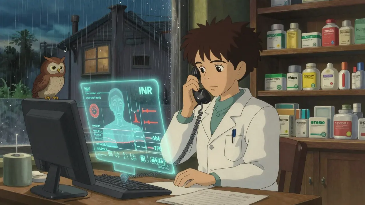 A pharmacist calls a doctor as a medical hologram glows beside them, symbolizing careful management of medication changes.