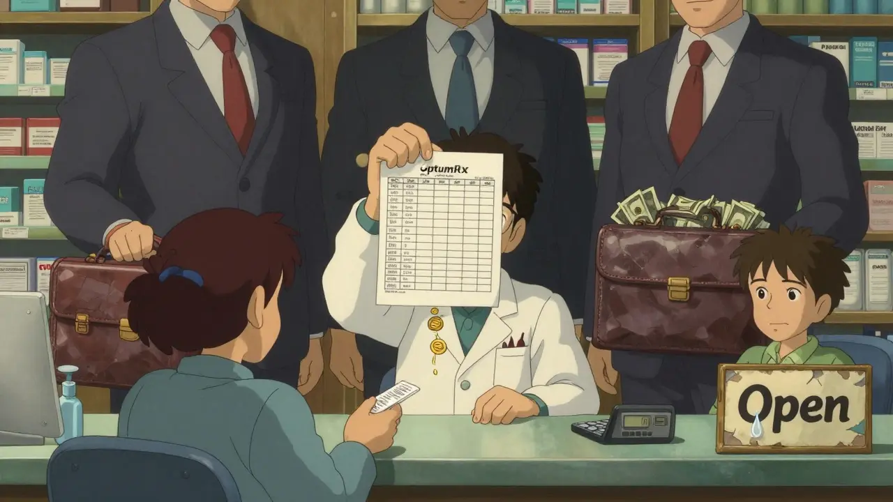 A pharmacist hands a prescription as three corporate giants loom behind, dripping cash from a MAC spreadsheet, while a small pharmacy owner cries over a negative balance.