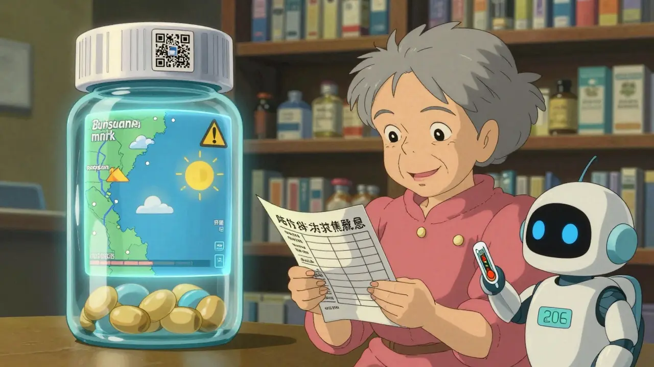 A smart pill bottle projecting a holographic weather warning for Brisbane, while a woman reads a storage reminder.