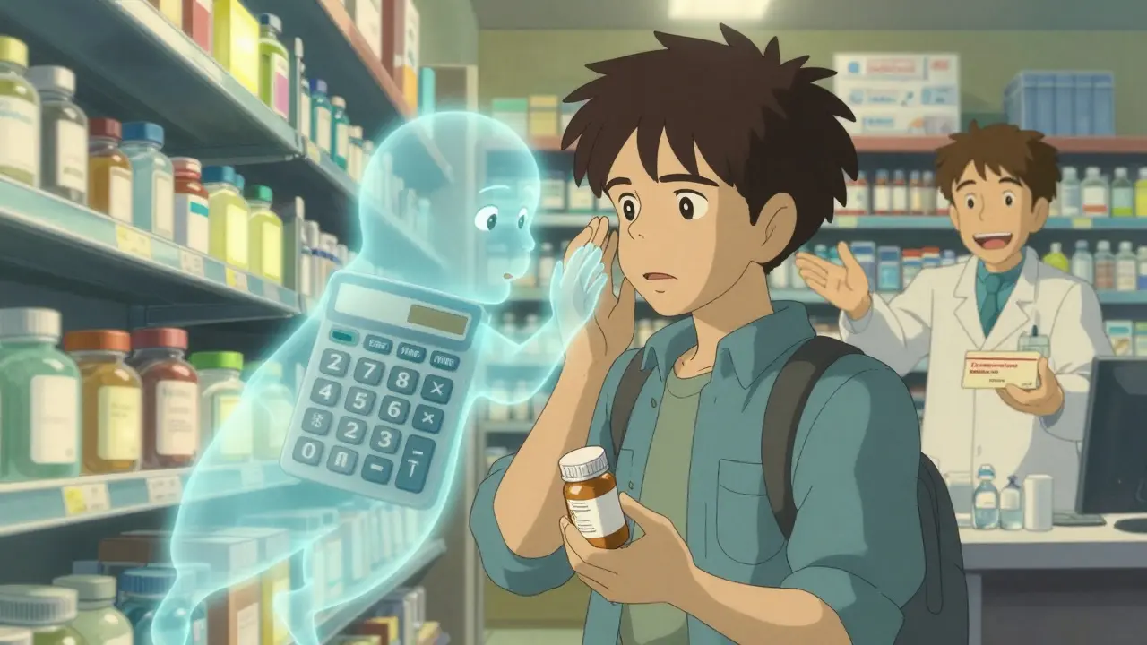 A young man in a pharmacy is offered help by a pharmacist, with a floating calculator spirit nearby.