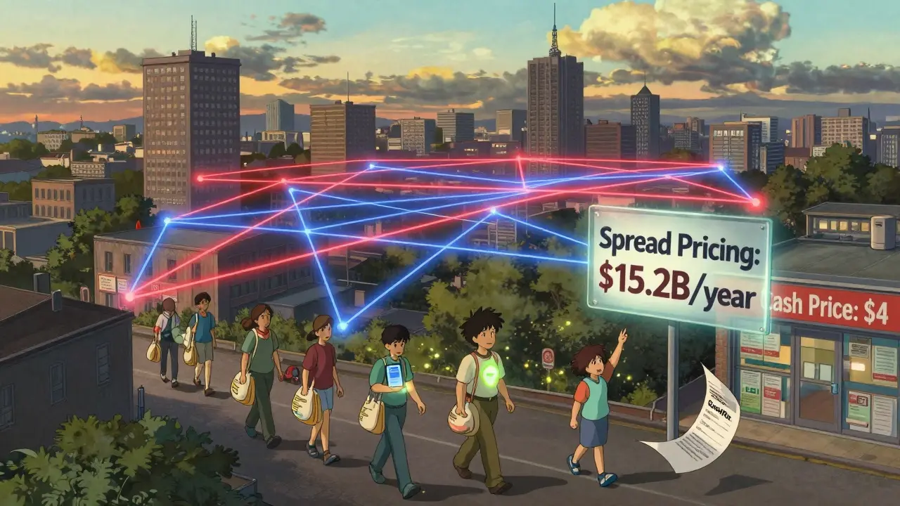 Aerial view of a city with a web of PBM connections above, patients holding GoodRx apps, one child points to a floating sign showing .2B in spread pricing.