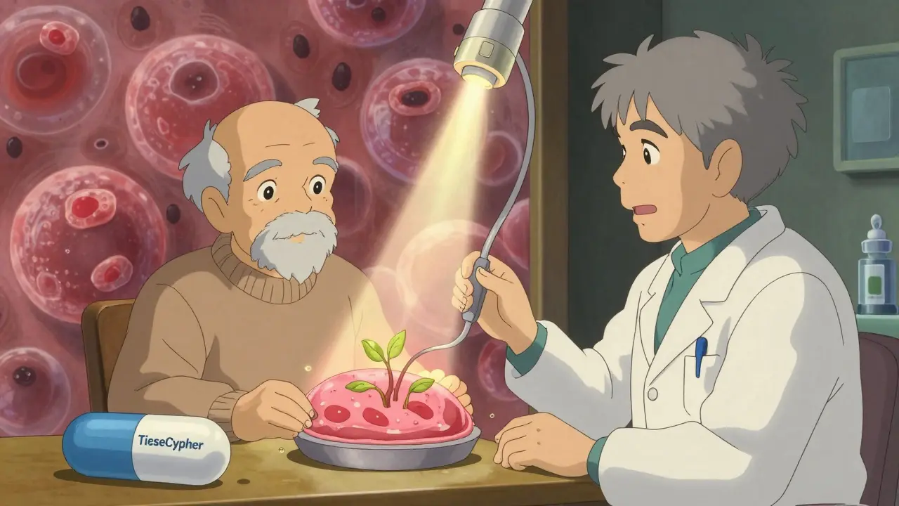 An elderly man and doctor in a clinic, with glowing ablation beams removing abnormal cells as healthy tissue regrows.