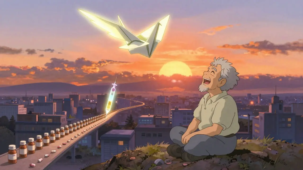 An elderly man watches a paper crane turn into a glowing CAR T-cell as it flies toward the sun on a hilltop at sunset.