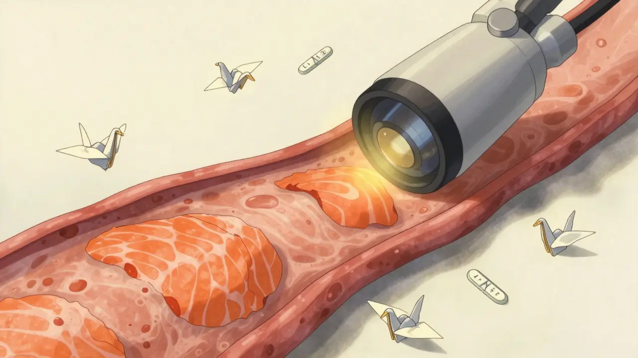 An endoscopy camera viewing abnormal esophageal tissue, with floating biopsy samples like paper cranes in soft light.