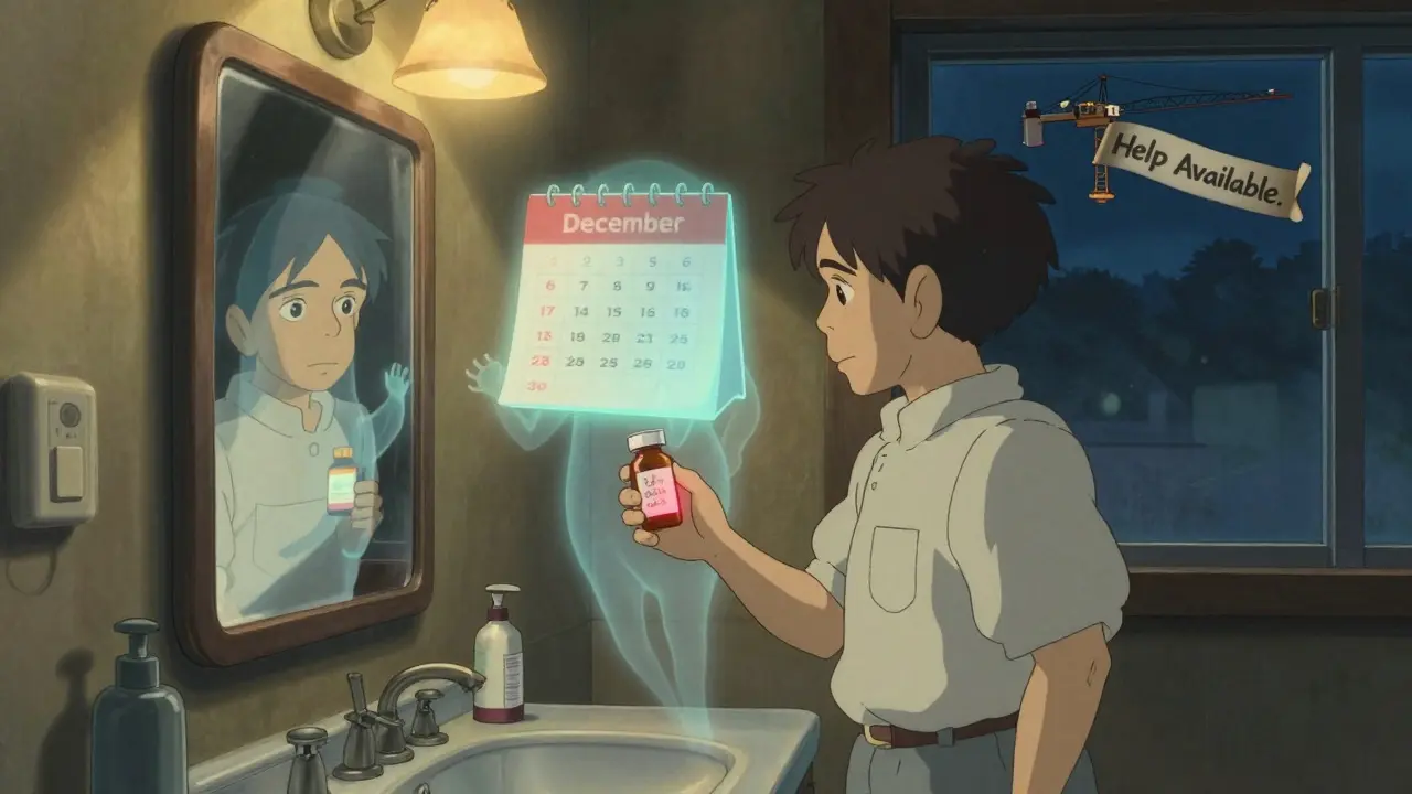 An older man at his bathroom mirror, seeing ghostly images of his old and new drug costs, with a calendar flipping to January and a crane carrying a help scroll.