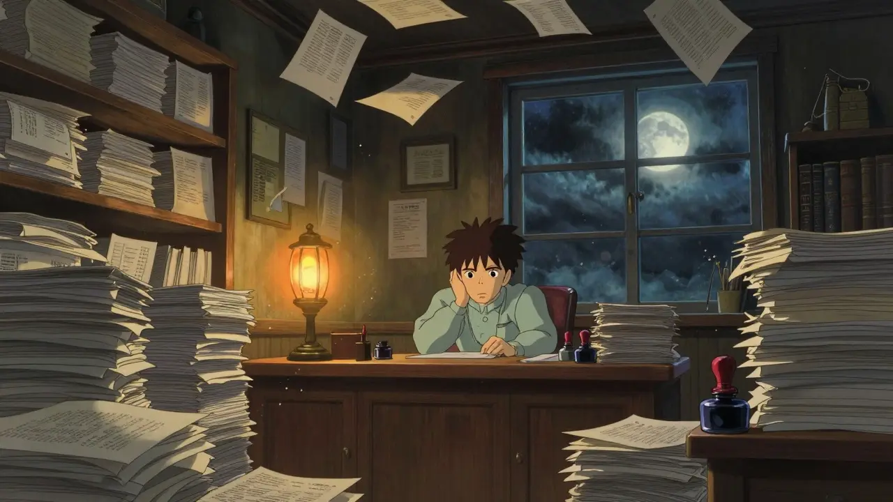Bureaucrat sits at desk surrounded by towering document piles in a moonlit office.