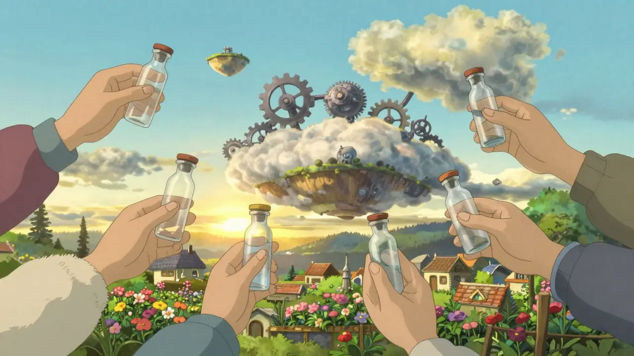 Community members pass medicine vials across a sunrise horizon with gear-shaped clouds.