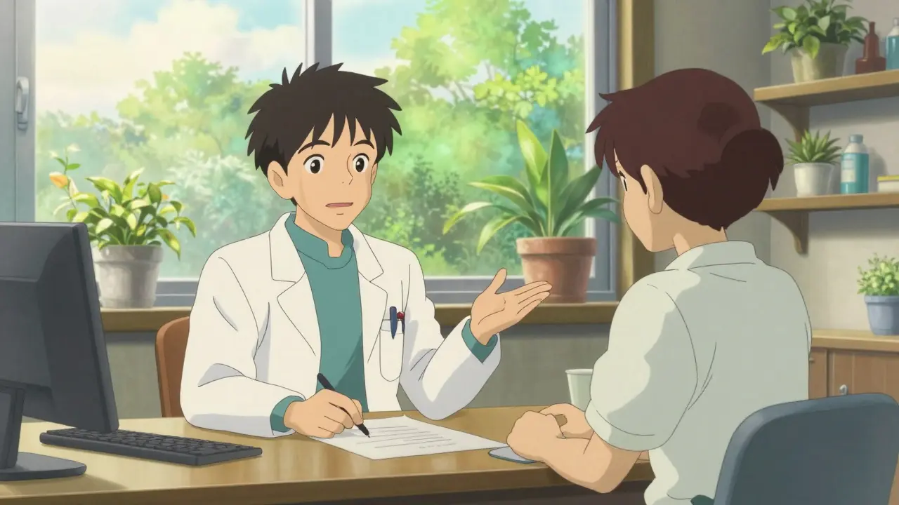 Doctor advising patient about safe medication options in office