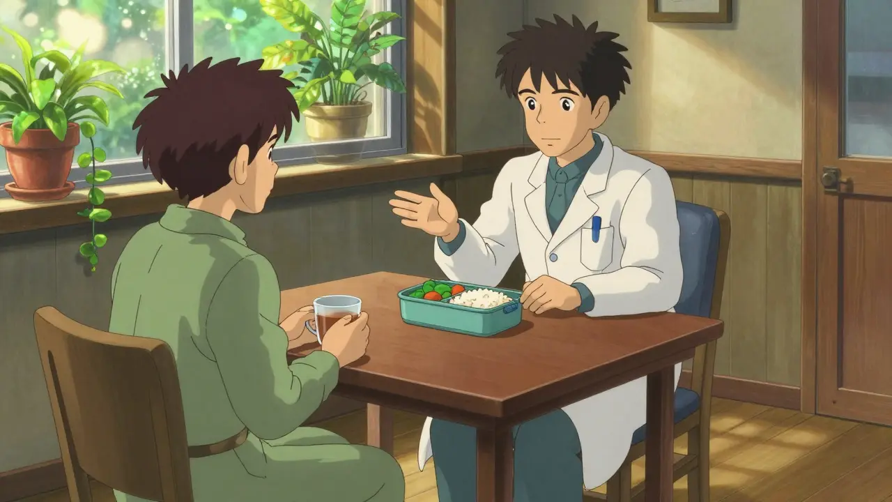 Patient consulting doctor with healthy food box.