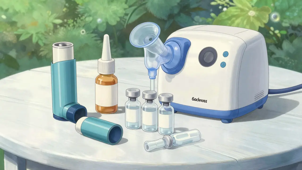 A collection of inhalers, nasal spray, and nebulizer vials on a wooden table