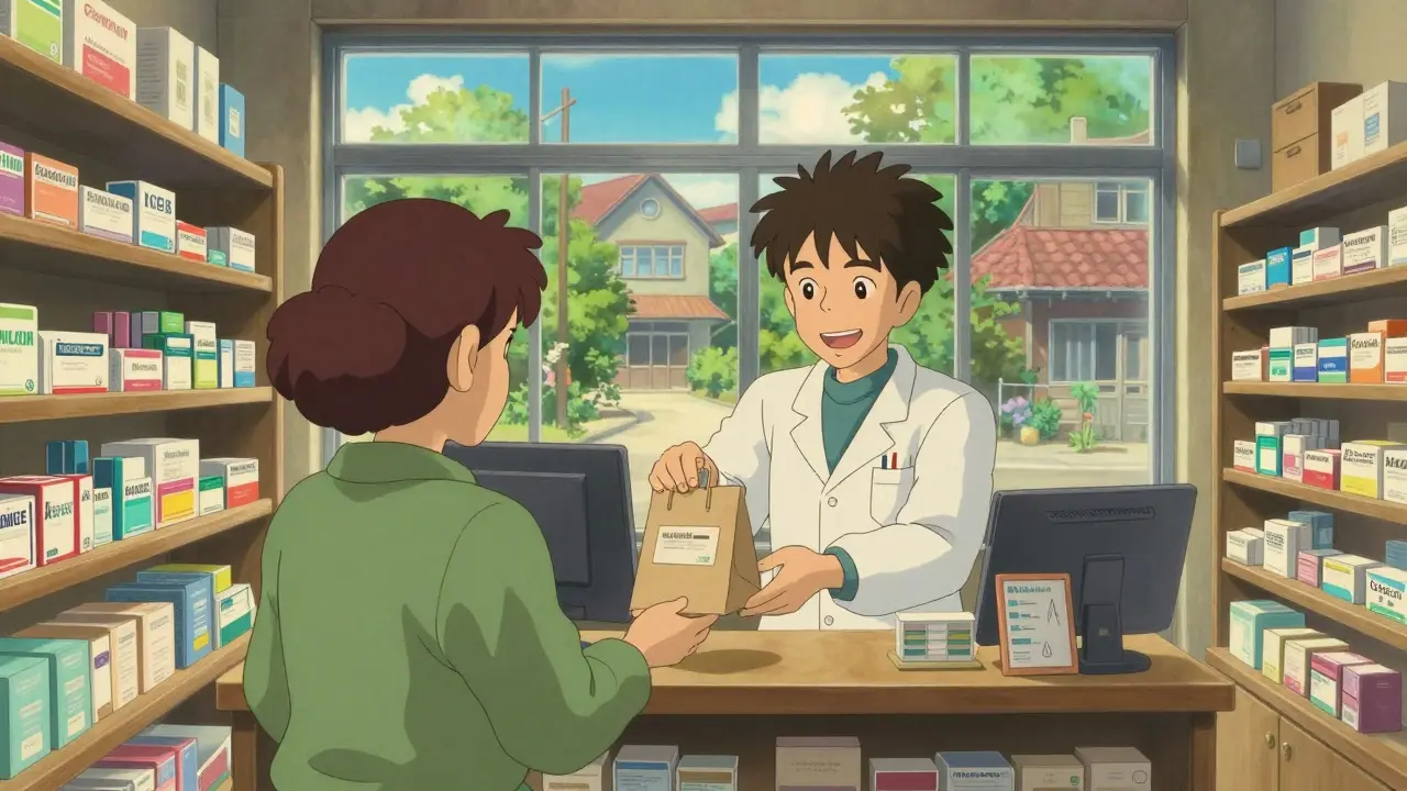 A friendly pharmacist handing a prescription bag to a customer in a bright pharmacy