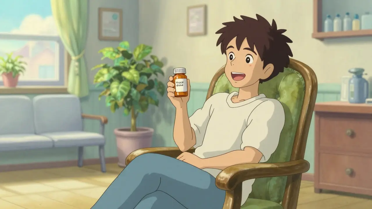 A relaxed patient in a cozy, sunlit clinic waiting room holding a medication bottle.