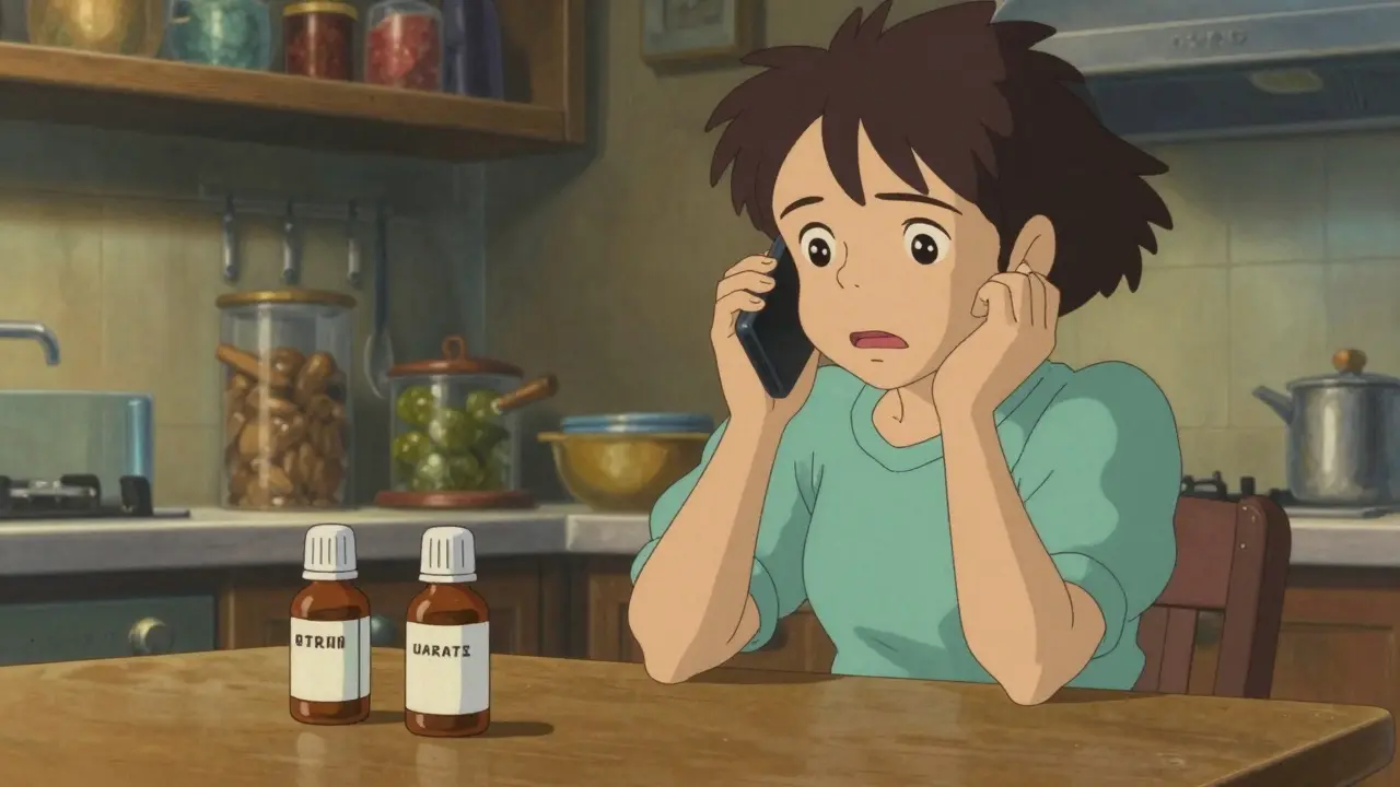 A worried parent on the phone next to two different medicine bottles on a kitchen counter.