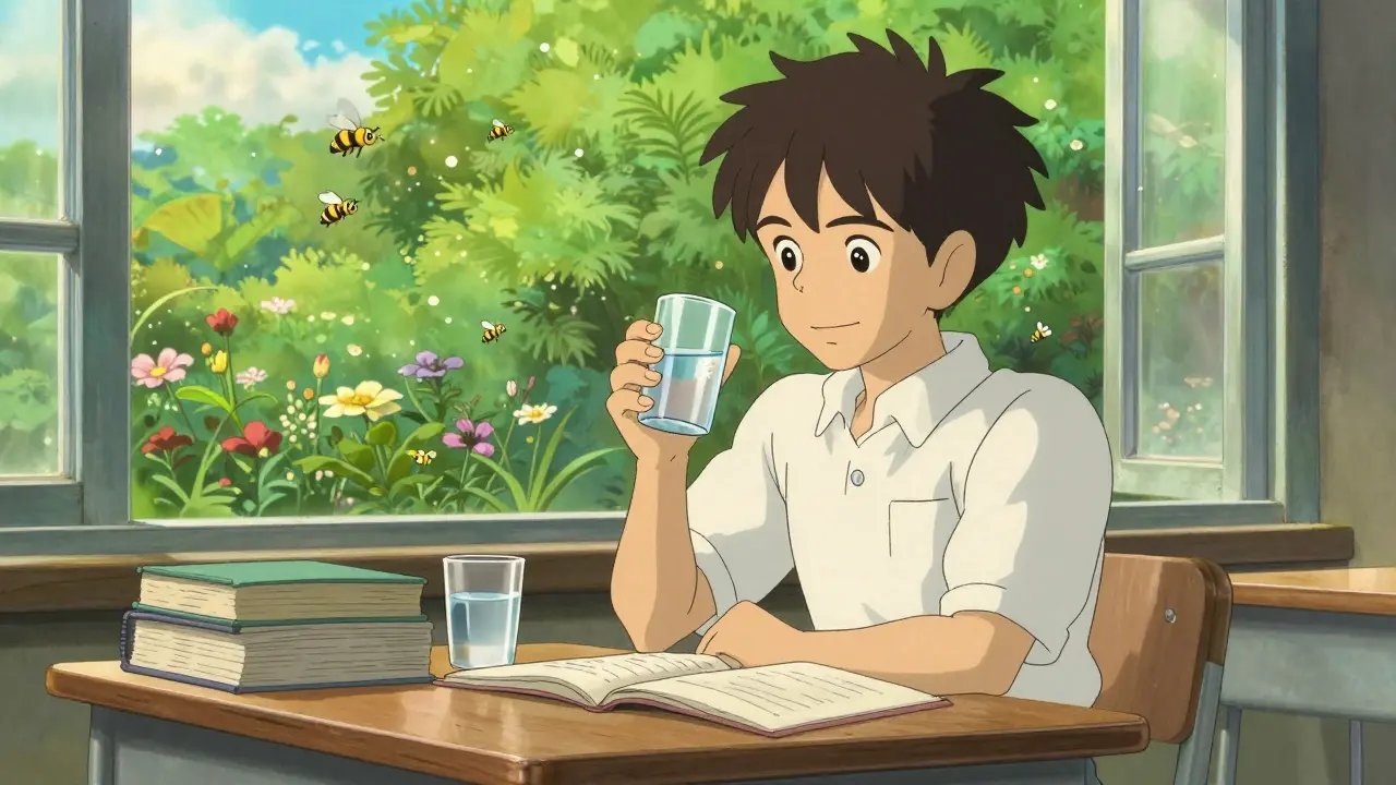 An alert student studying at a desk by a sunny window with a garden view.