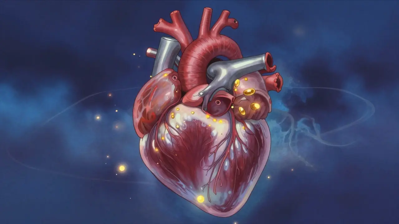 Artistic representation of a heart with shimmering golden protective particles and a mechanical valve.