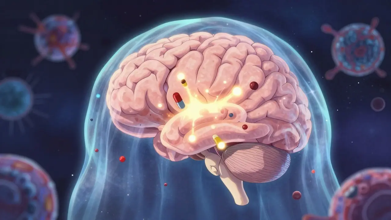 Conceptual visualization of the blood-brain barrier blocking medication particles.
