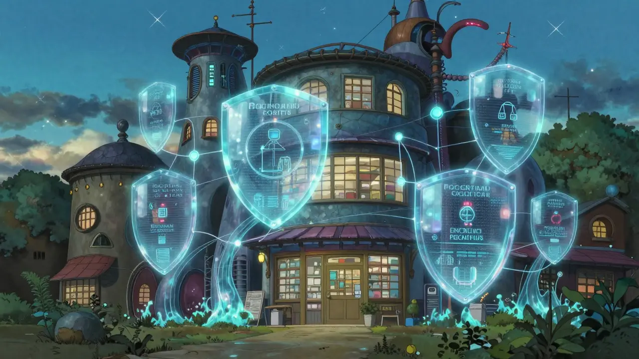 Futuristic city with glowing digital shields protecting a pharmacy building