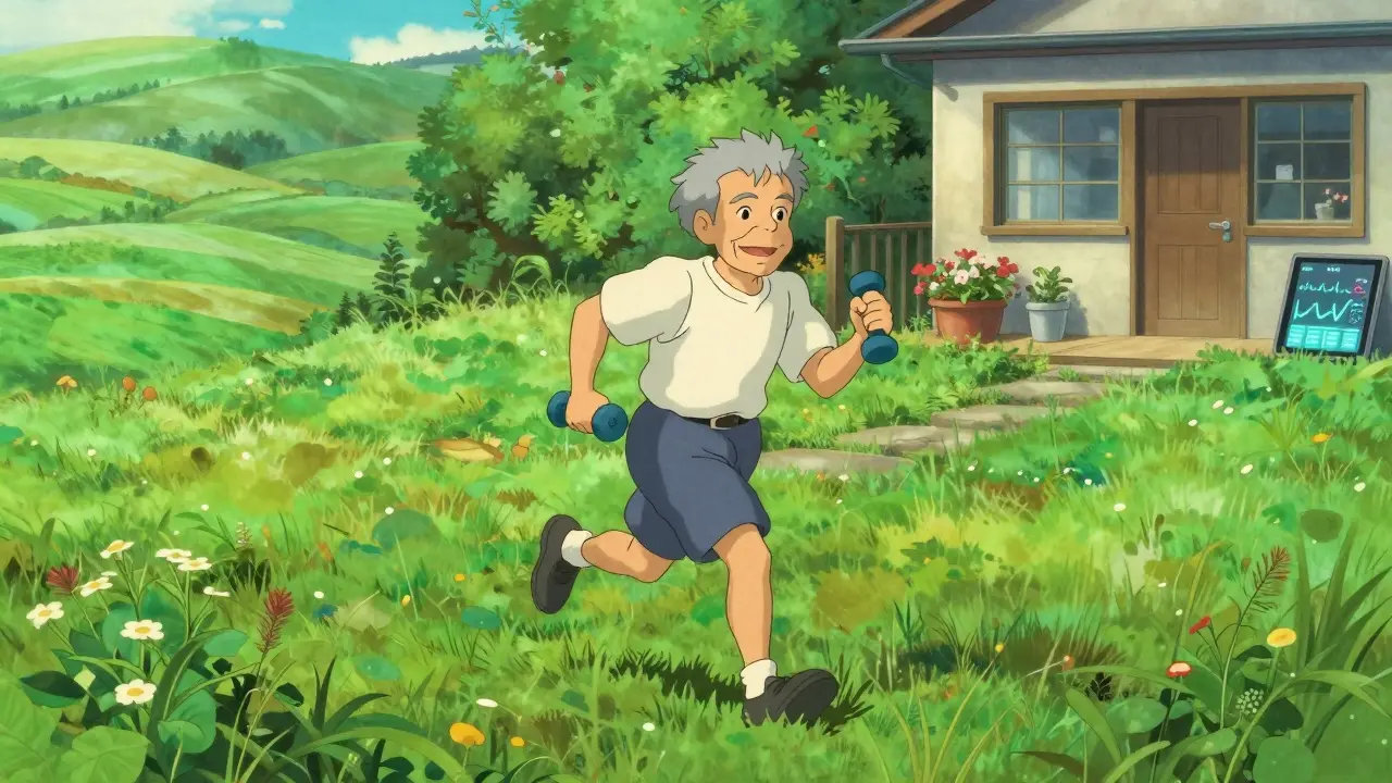 Healthy man exercising in a lush green meadow for long-term heart health