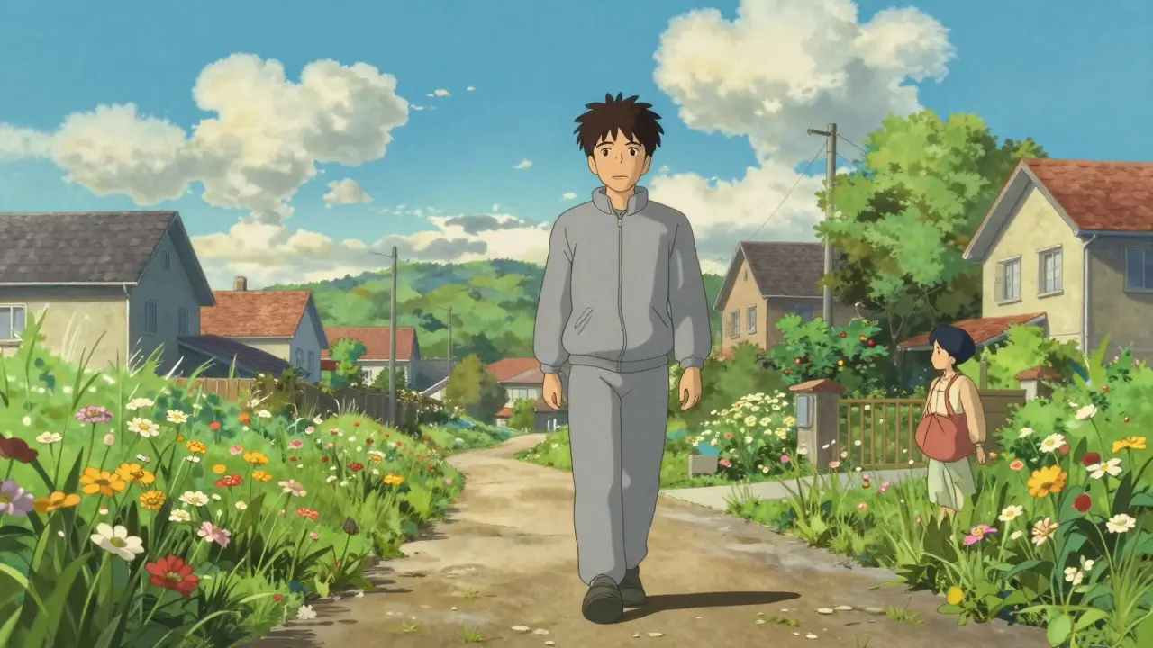 Man walking through a colorful neighborhood during early recovery