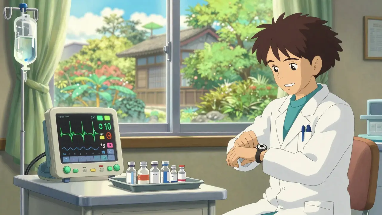 Peaceful Ghibli-style hospital scene showing careful medical monitoring and IV equipment.