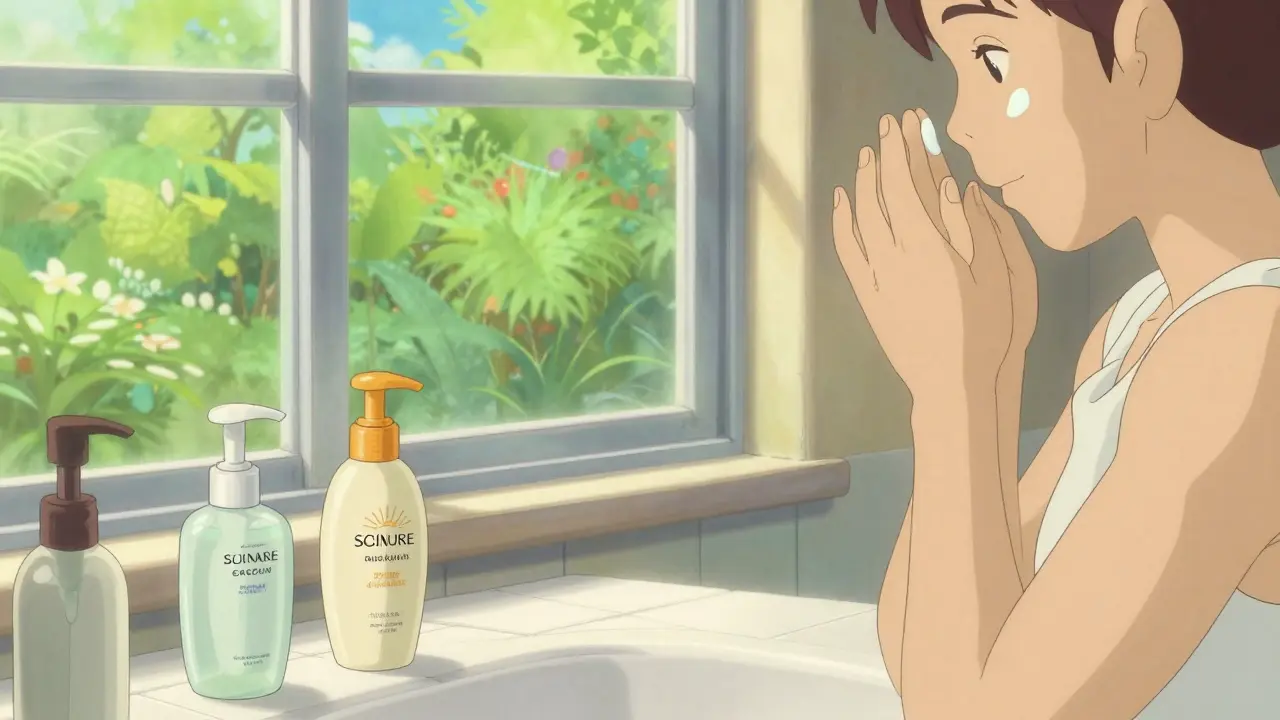 Person applying gentle skincare in a bright, sunny bathroom