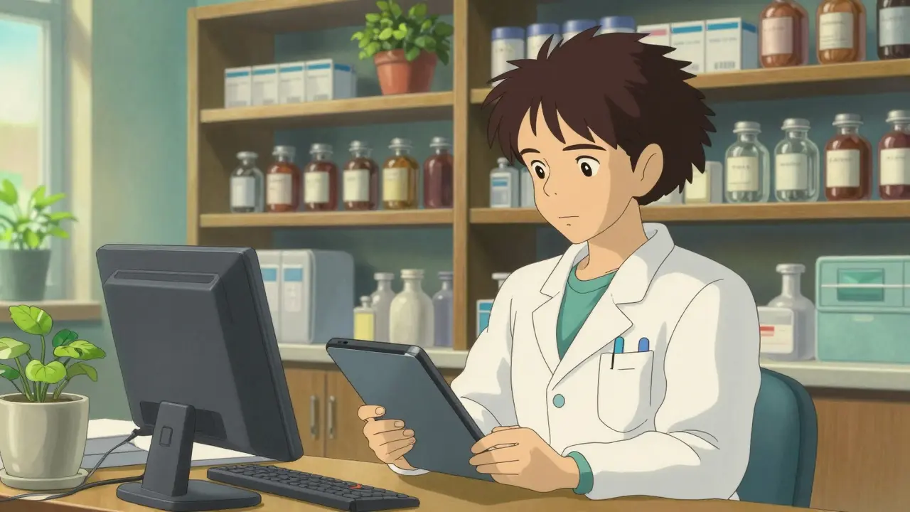 Pharmacist in a bright clinic using a tablet to verify medical licenses