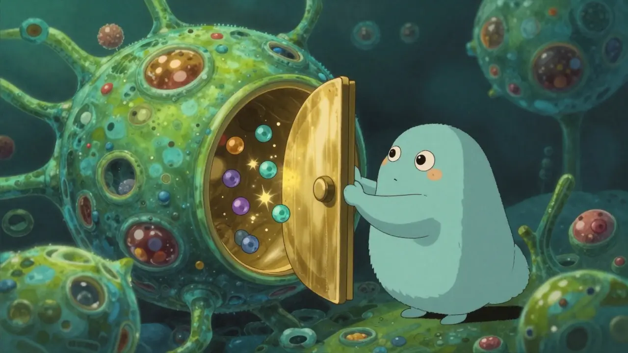 Whimsical Ghibli-style depiction of a mineral spirit acting as a cellular gatekeeper.