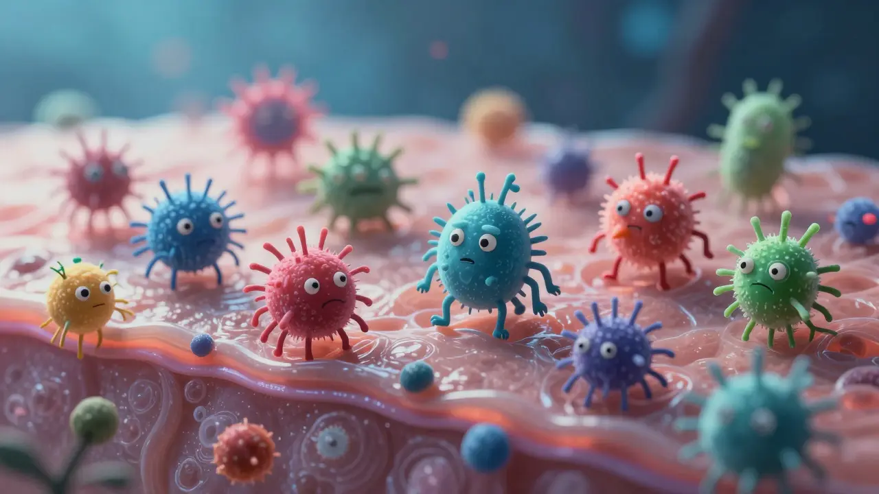 Whimsical microscopic view of skin bacteria and immune receptors